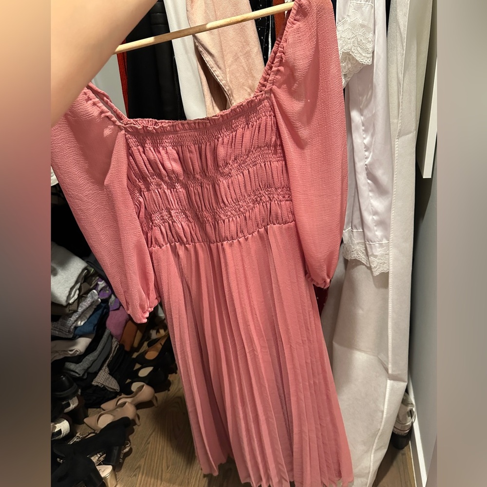 ASOS Pink Midi Dress with Smocked Bodice and Puff Sleeves - Picture 4 of 9